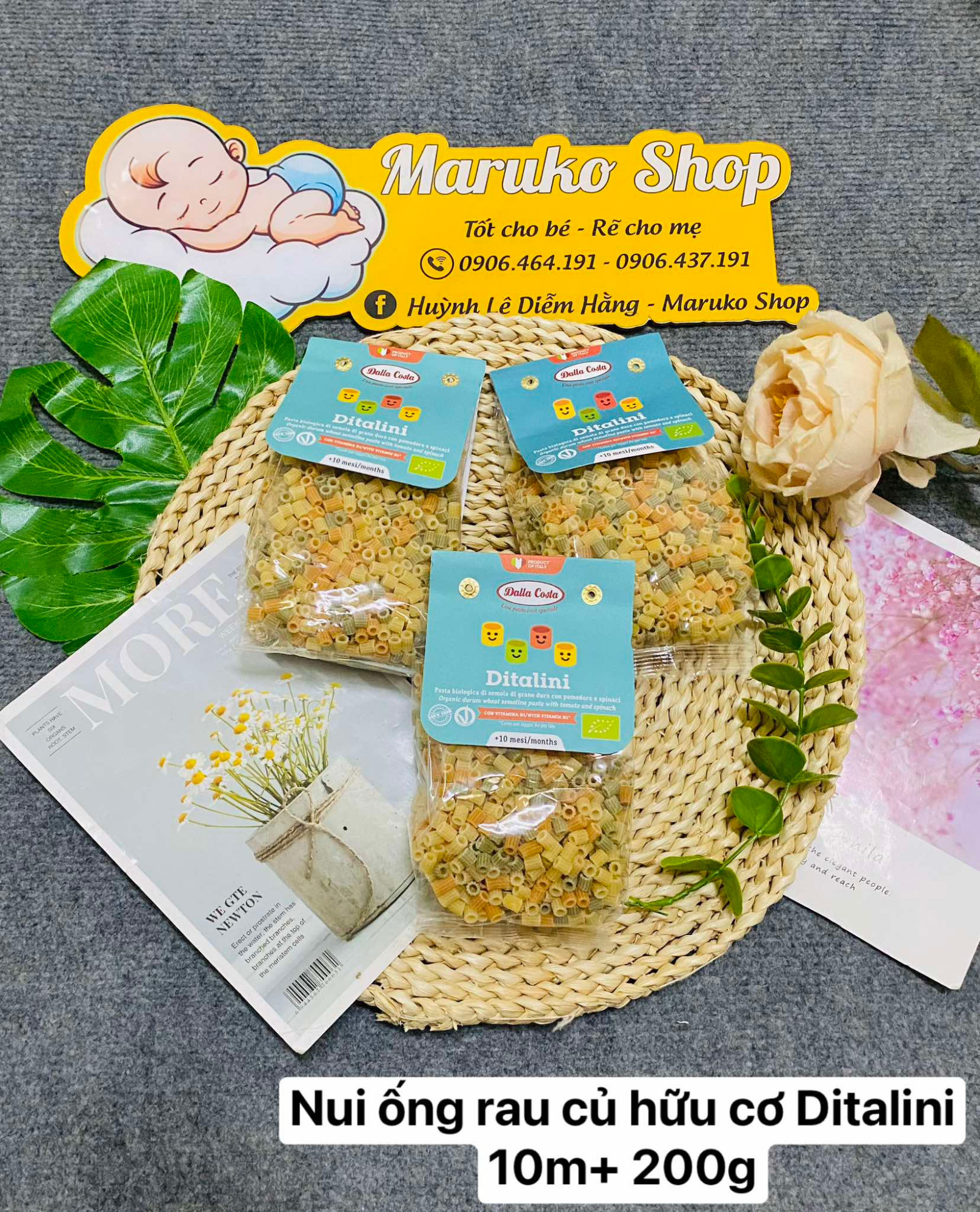 Nui ống rau củ hữu cơ Ditalini 10m+ 200g