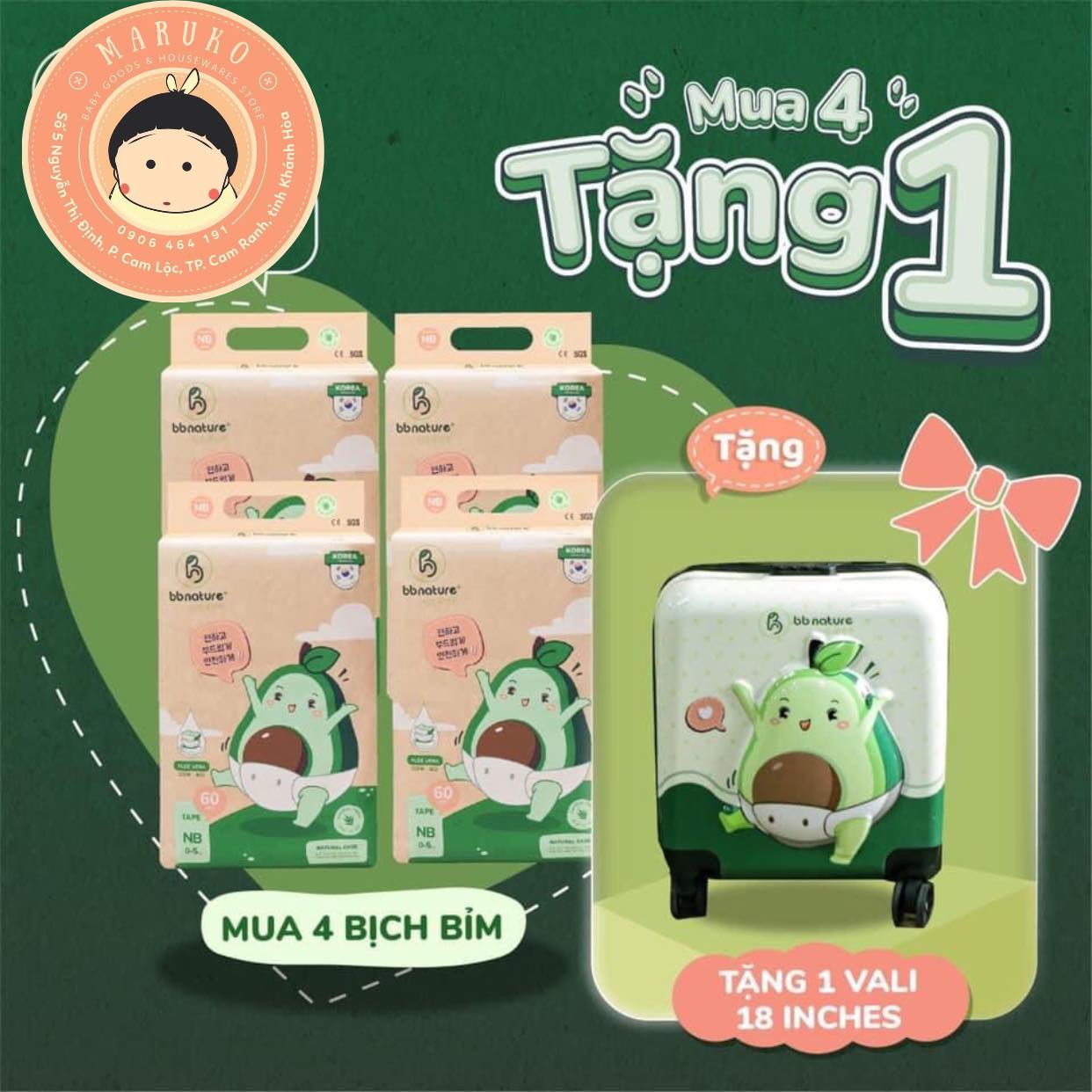 04 bịch BB Nature tặng 01 Vali bơ