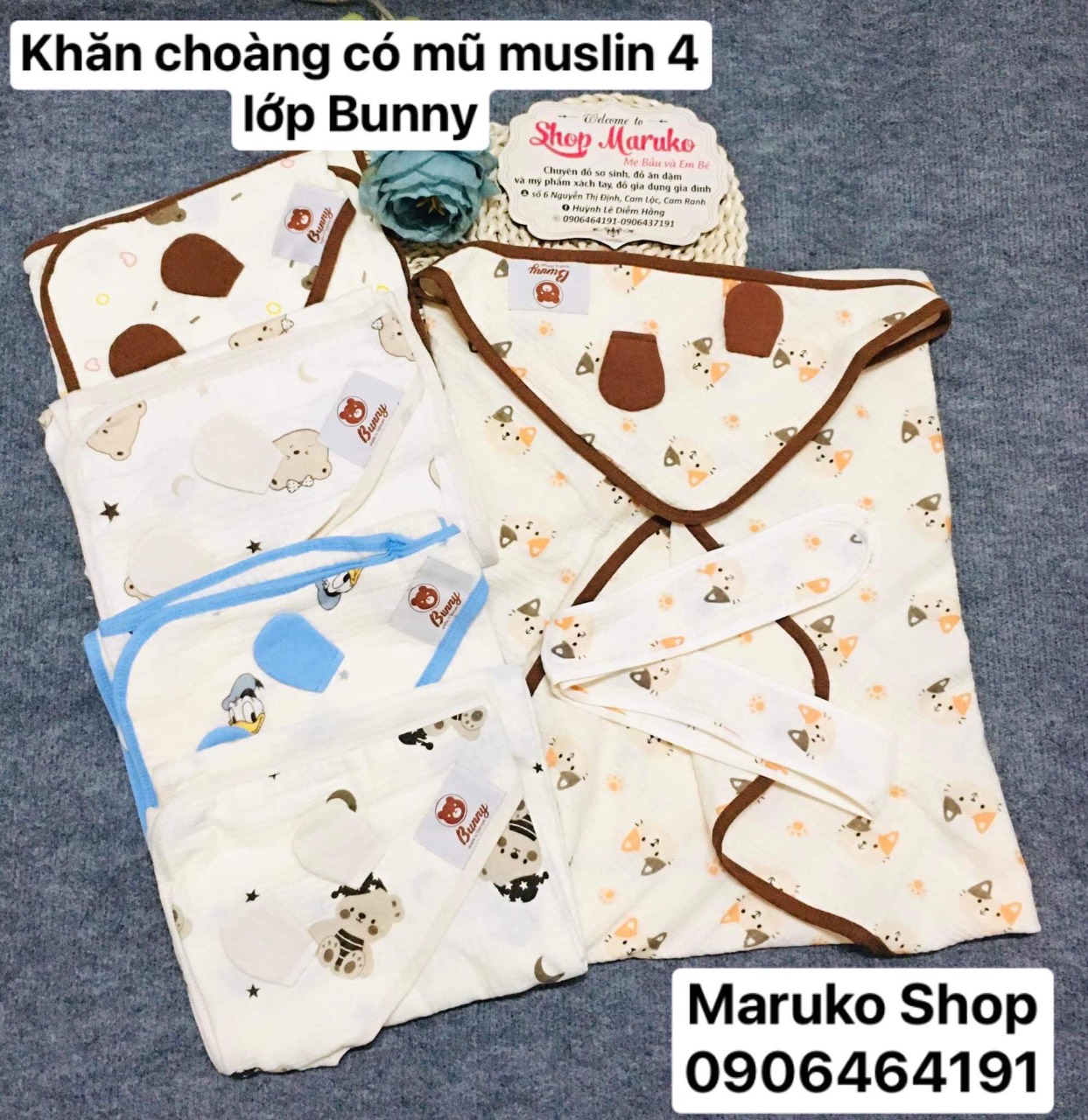 Khăn choàng có mũ xô muslin 4 lớp Bunny